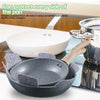 A reusable felt pot protector is shown resting in a black frying pan, demonstrating its ability to protect the cookware.