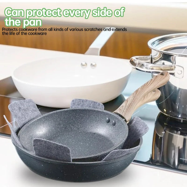 A reusable felt pot protector is shown resting in a black frying pan, demonstrating its ability to protect the cookware.