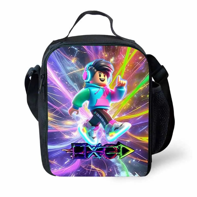 A black cartoon crossbody lunch bag featuring a vibrant purple and green explosion graphic.