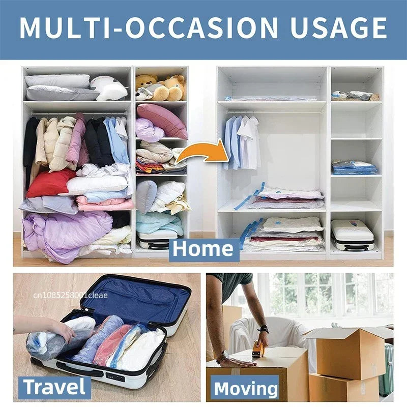Storage bags for multi-occasion use shown in home, travel, and moving contexts.