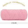 A skein of thick pink polyester blended yarn is shown rolled up for crafting.