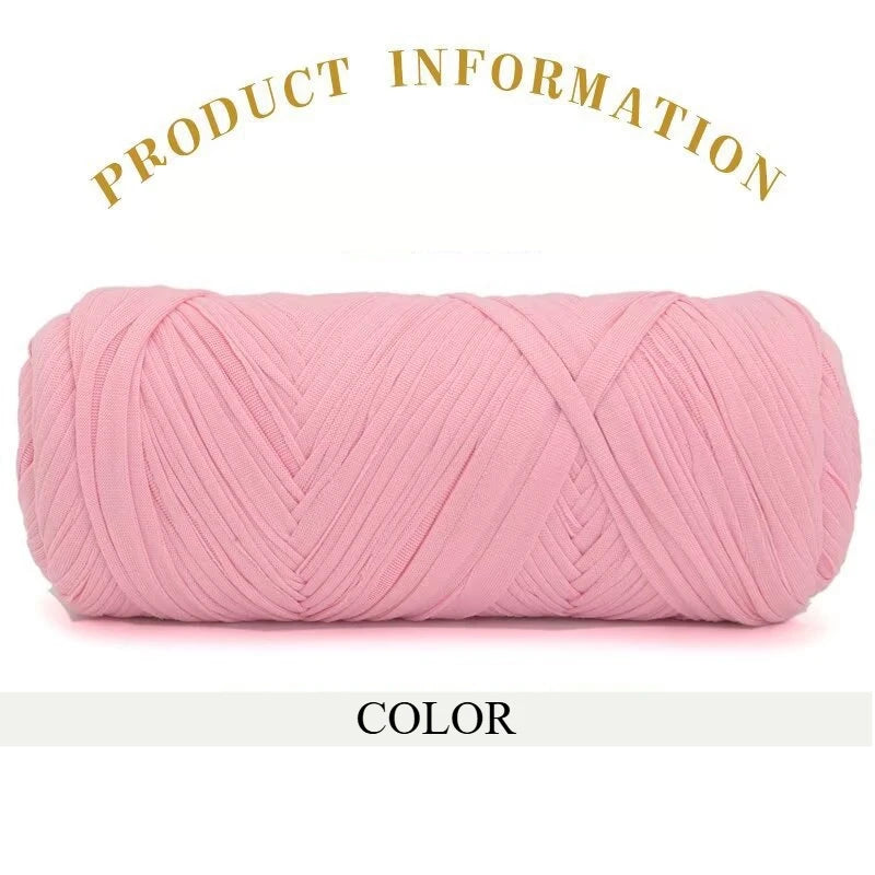 A skein of thick pink polyester blended yarn is shown rolled up for crafting.