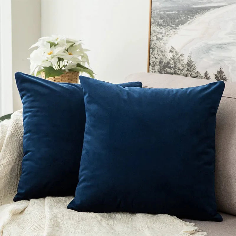 A dark navy blue velvet decorative pillow resting on a light beige fabric.