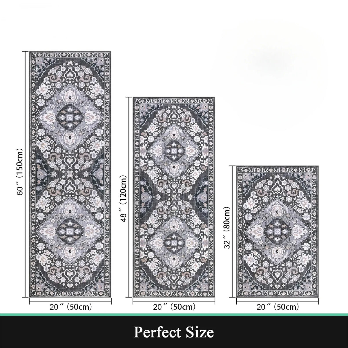 A set of three vertical patterned floor rugs in varying sizes, demonstrating perfect sizing.