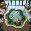 A round rug featuring a teal background with green and orange koi fish patterns on a wooden floor.