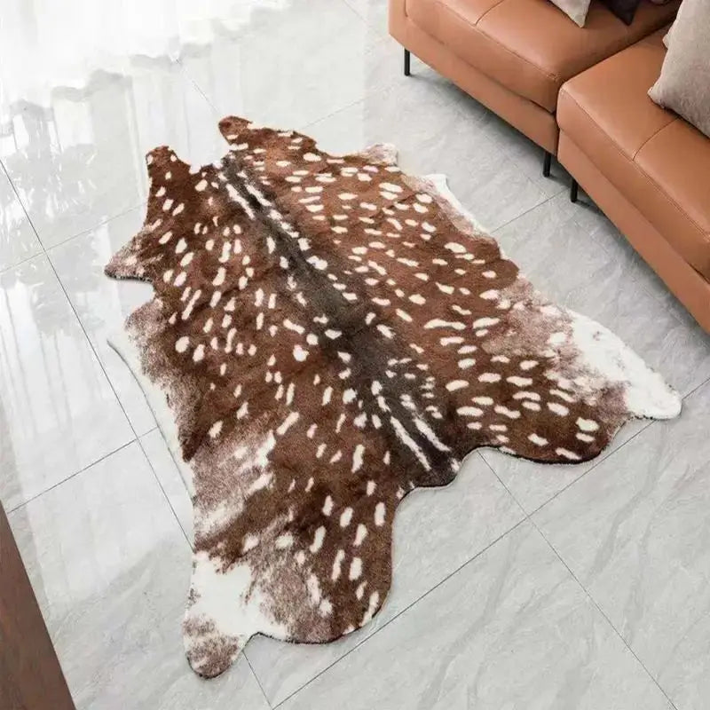 A brown and white faux animal skin rug with a non-slip backing placed on a light gray tile floor.
