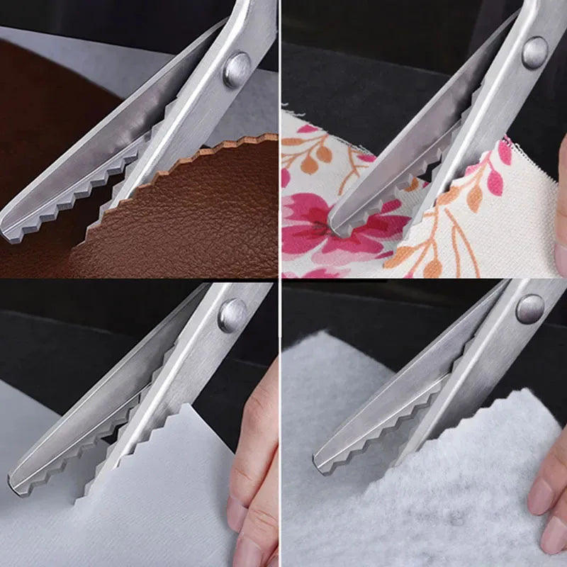 Close-up shots of stainless steel zig zag lace sewing scissors cutting various fabrics like leather, floral print, and white 