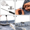 A four-panel image showing a metal jeans button repair kit with a screwdriver used to fix a torn denim fabric.
