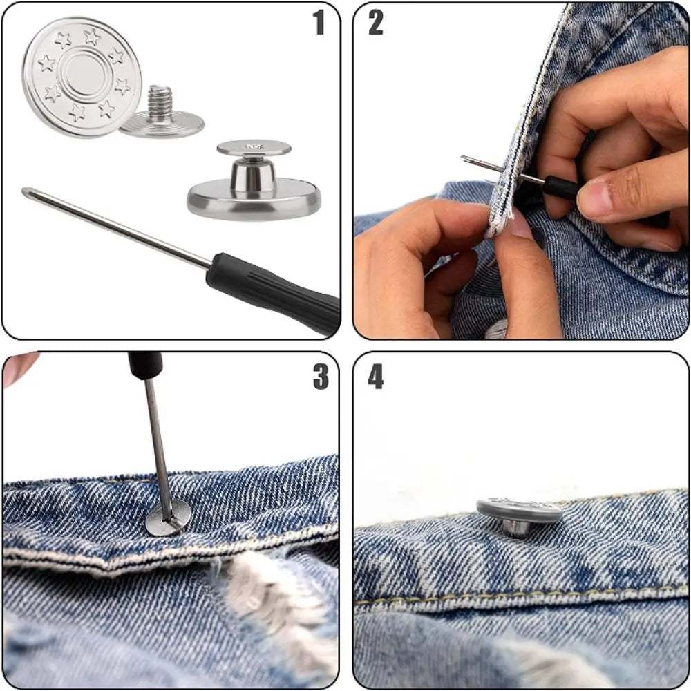 A four-panel image showing a metal jeans button repair kit with a screwdriver used to fix a torn denim fabric.