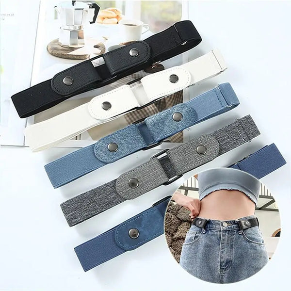 Various colored invisible stretch belts for pants and dresses shown with a denim garment.