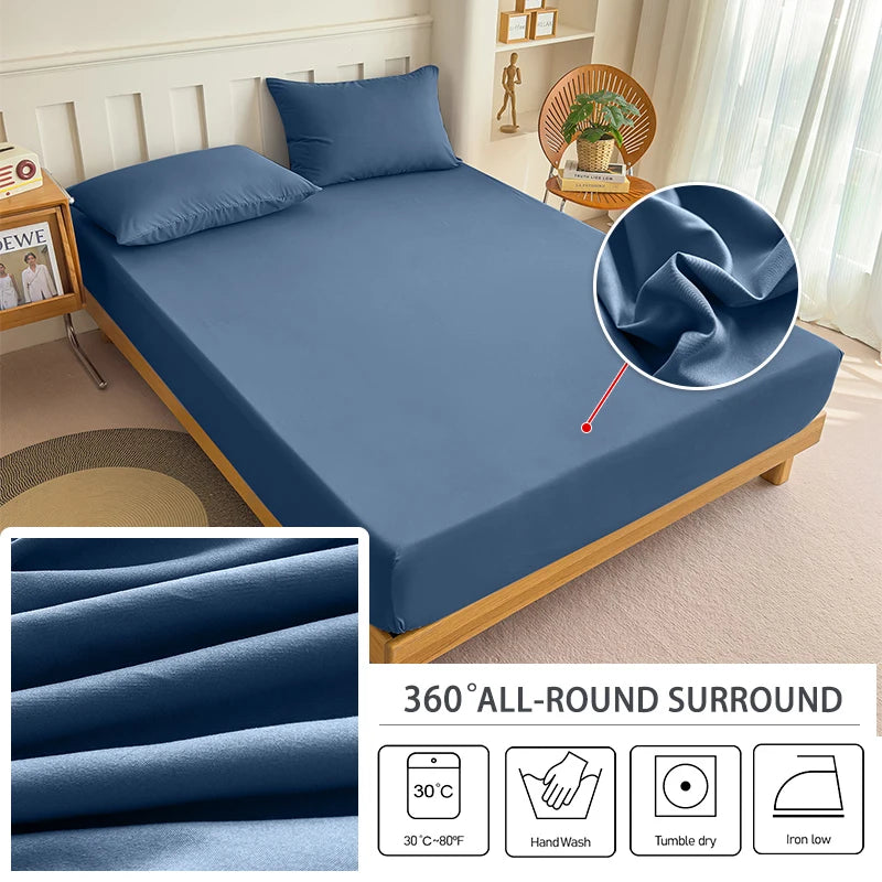 A blue cooling fitted sheet with elastic edges shown on a bed, highlighting its features and care instructions.