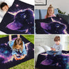A collection of four images featuring a dark purple and blue cosmic cat design on blankets and a child playing with a toy.