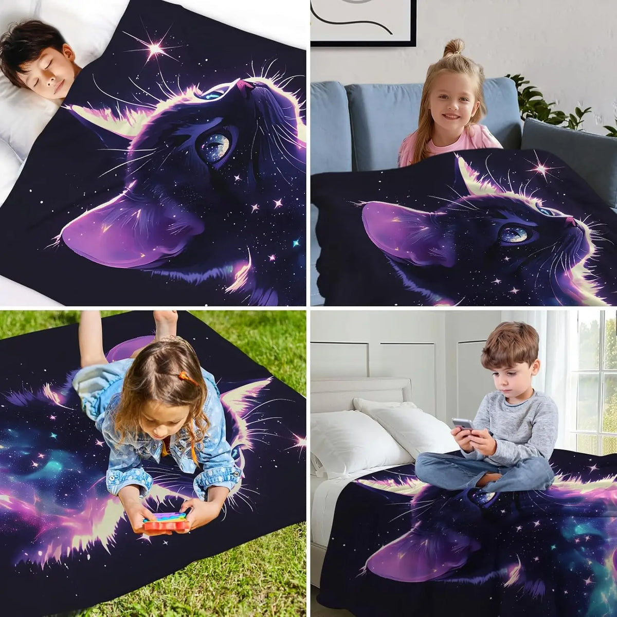 A collection of four images featuring a dark purple and blue cosmic cat design on blankets and a child playing with a toy.