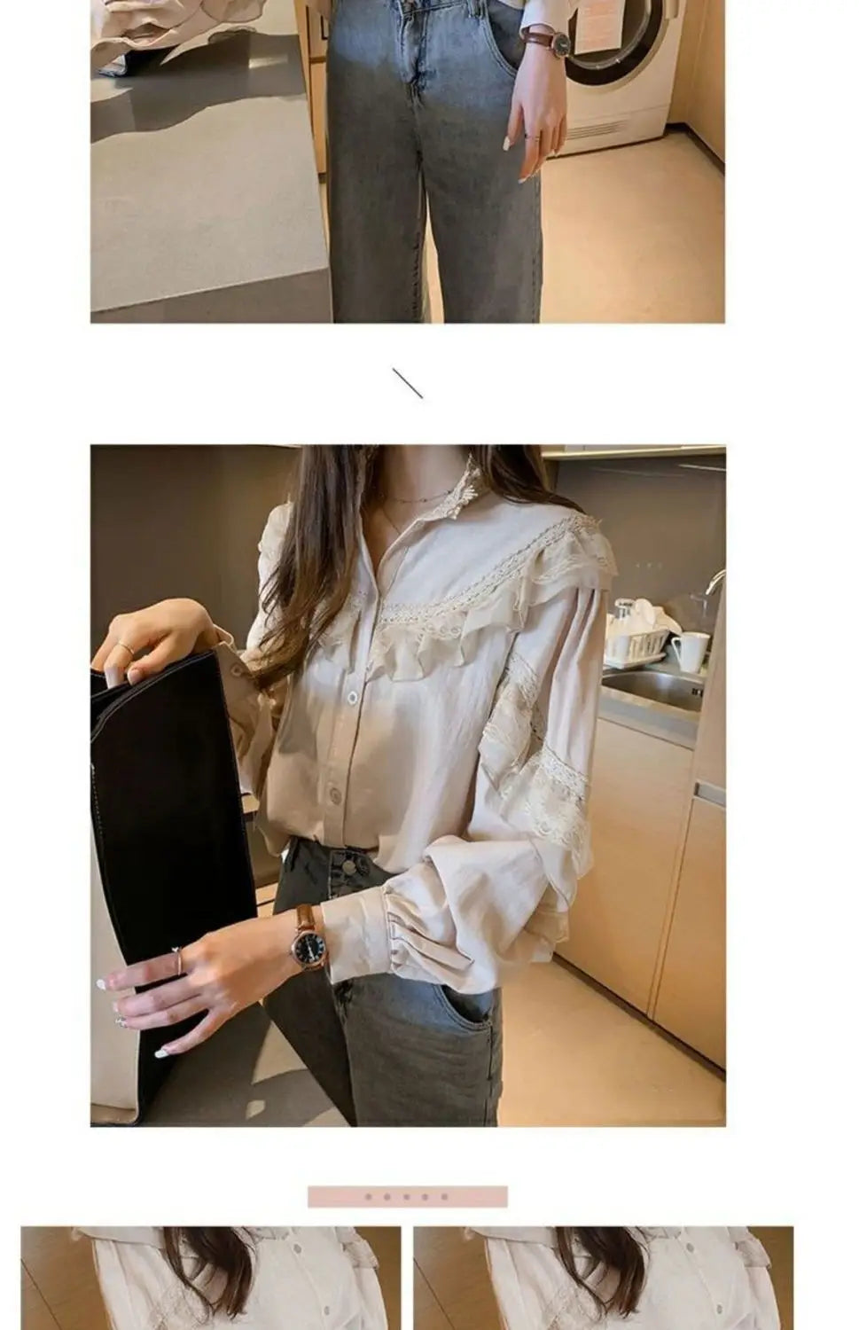 A woman models a cream-colored retro lace long sleeve blouse and dark jeans in a modern indoor setting.
