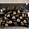 A black duvet cover set featuring an all-over pattern of white ghosts and orange pumpkins.