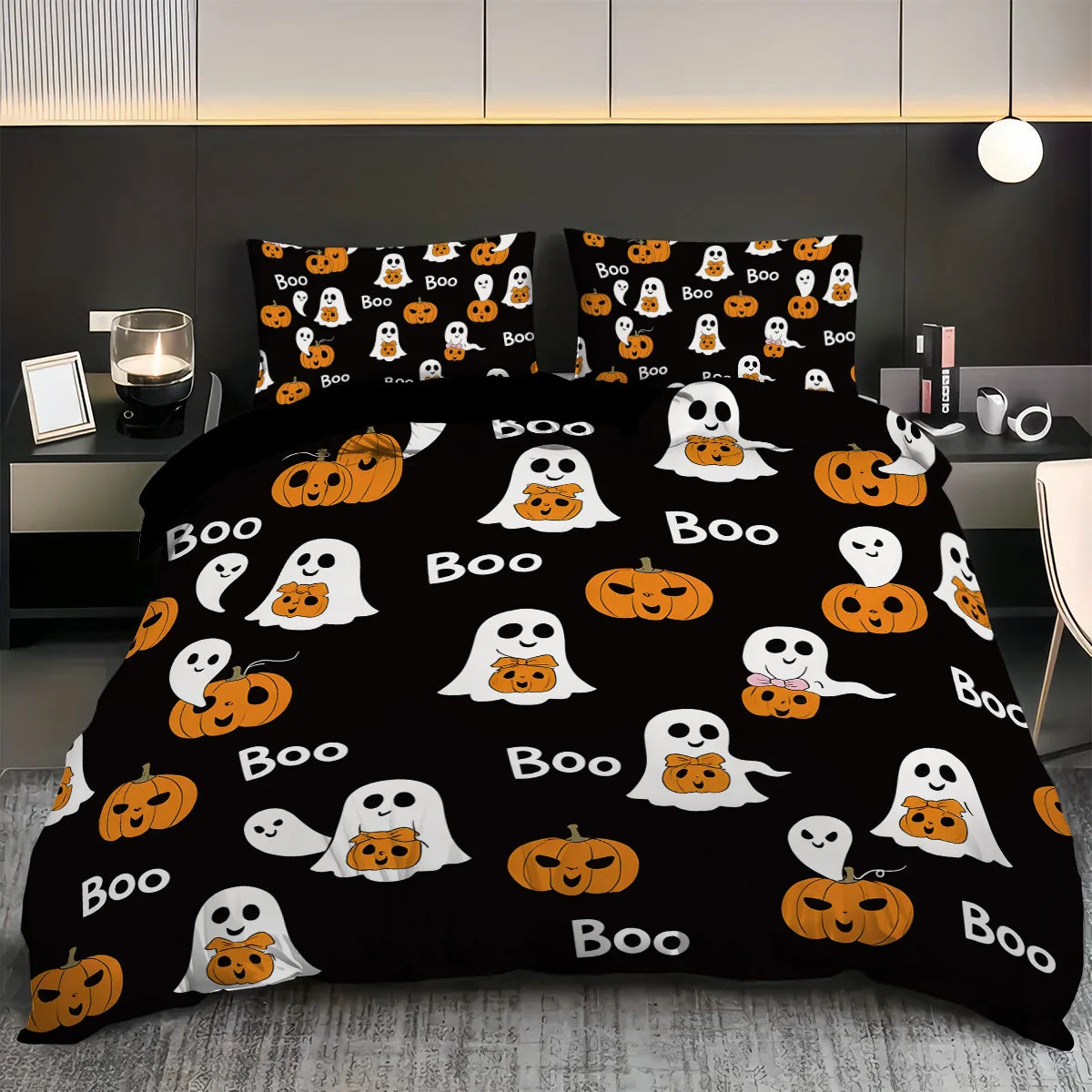 A black duvet cover set featuring an all-over pattern of white ghosts and orange pumpkins.