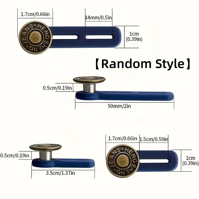Three styles of adjustable button extenders for pants shown in blue and brass finishes.