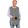 An older man wearing a plaid waterproof mealtime bib over a light blue shirt and jeans.