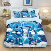 A duvet cover featuring a large blue number 67 with cartoon figures and stars on a light blue background.