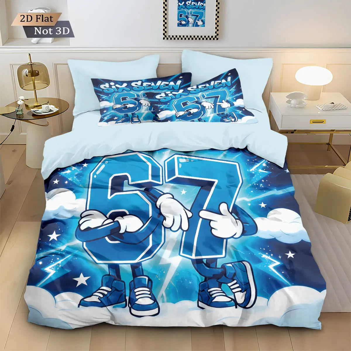A duvet cover featuring a large blue number 67 with cartoon figures and stars on a light blue background.