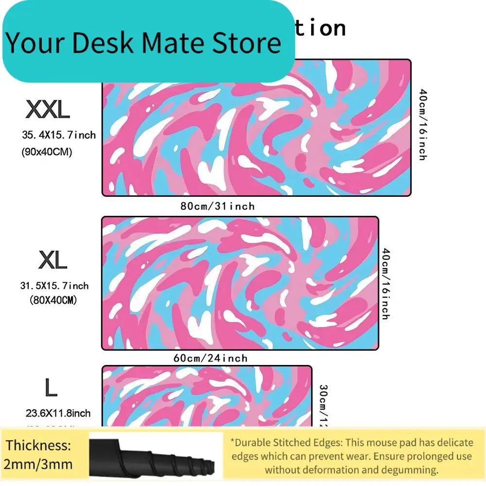 A set of large art vortex mouse pads in various sizes XXL, XL, and L with pink and blue swirling patterns.