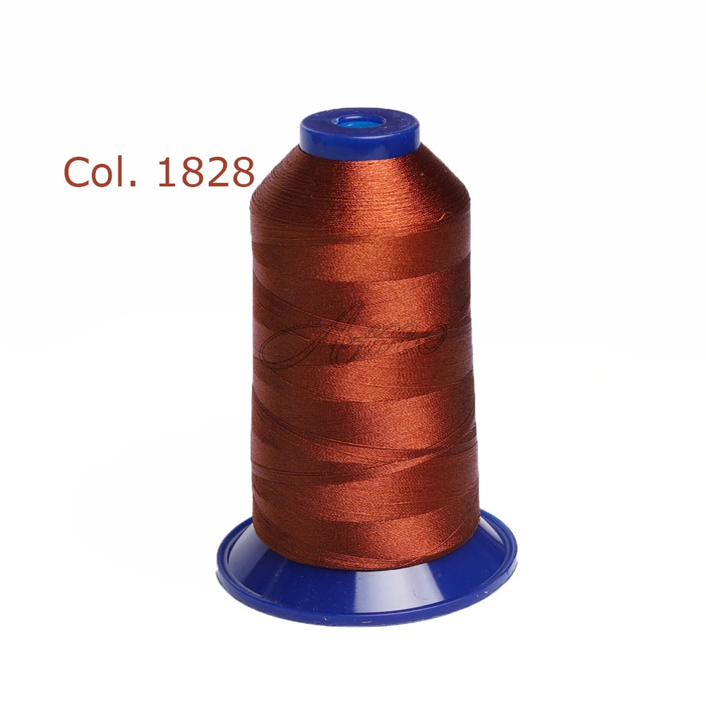 A spool of Col. 1828 high tenacity polyester embroidery thread in a reddish-brown color.
