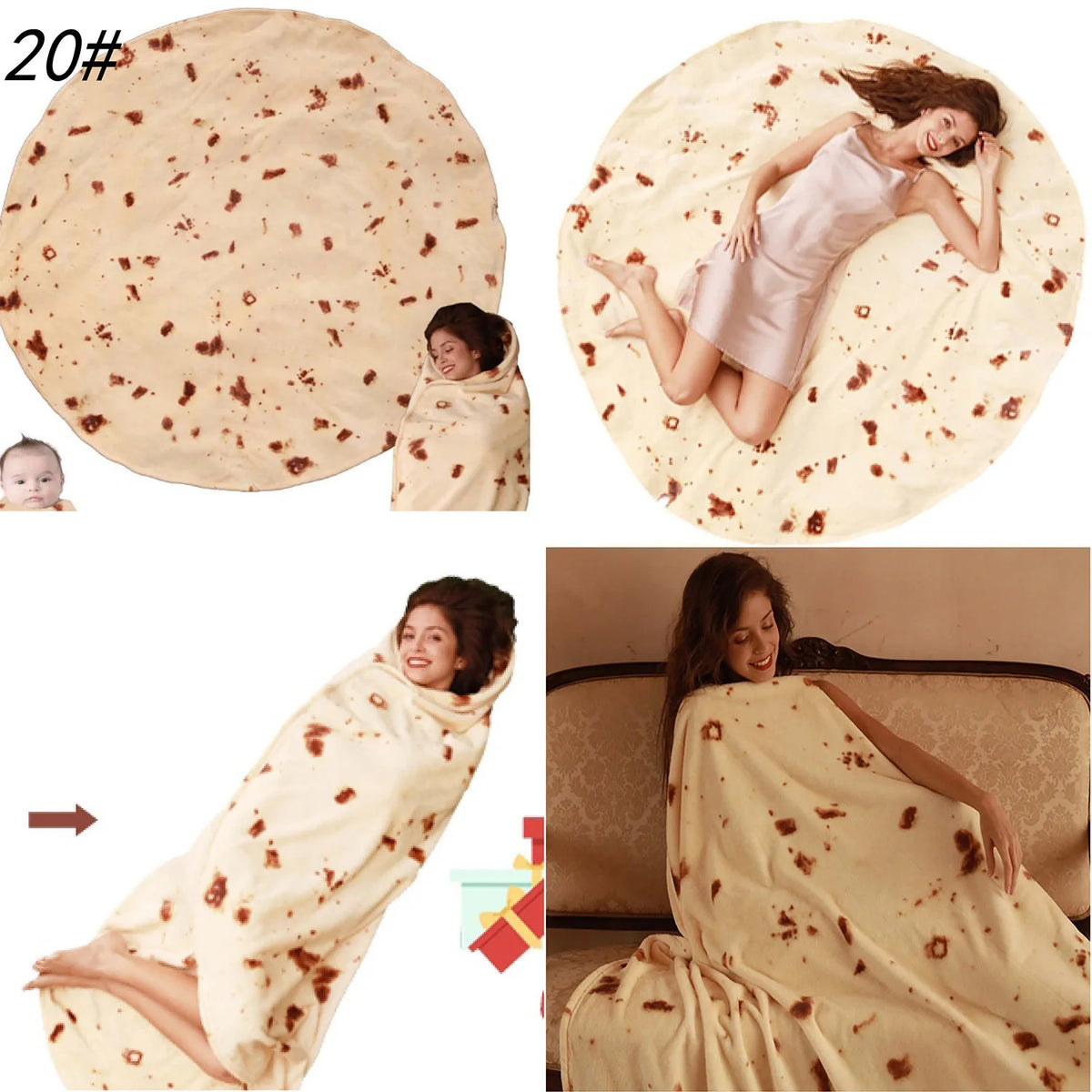 A beige blanket throw with a speckled pattern is shown draped over a woman and laid flat.