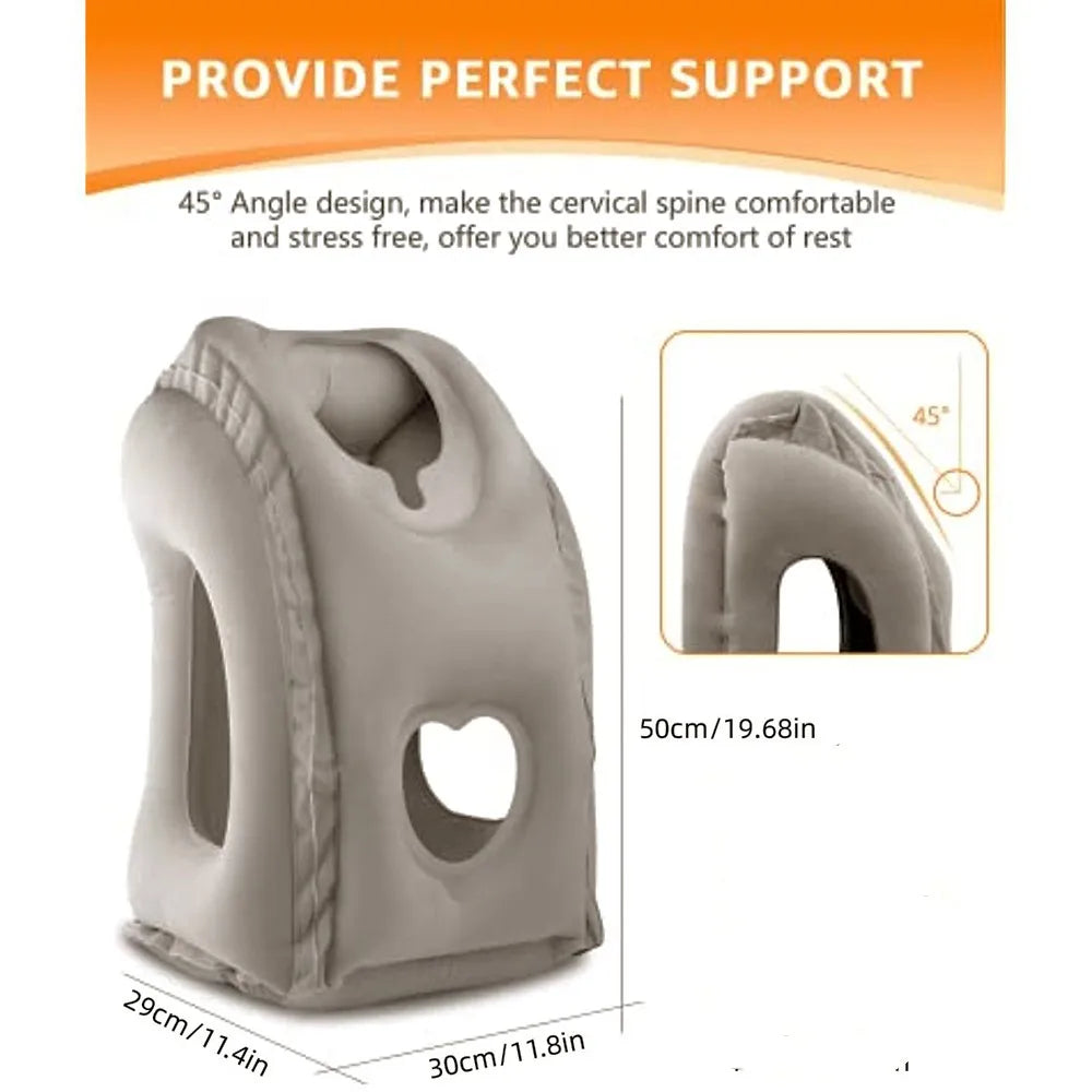 Gray inflatable travel neck pillow with an angle design and chin support