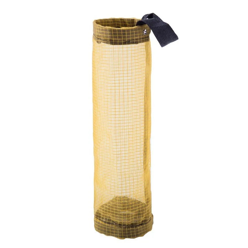 A roll of yellow mesh trash bags with a dark gray tie, used for kitchen and bathroom organization.