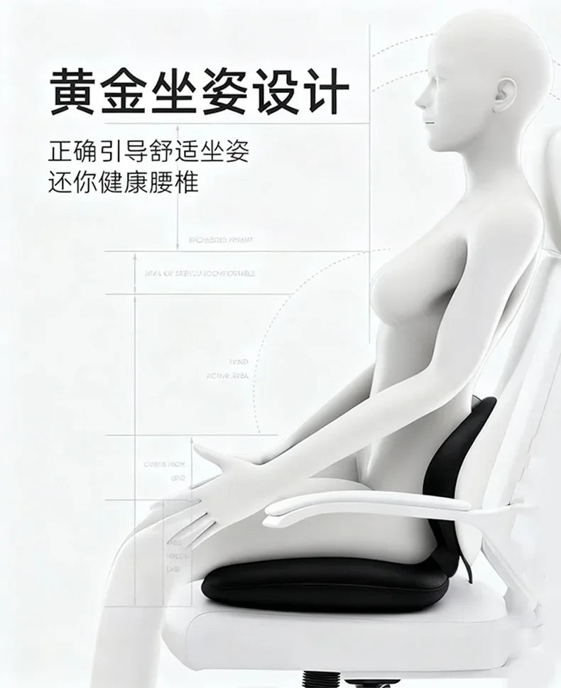 A white mannequin demonstrates the design of a gold-plated lumbar support cushion for healthy spine alignment.