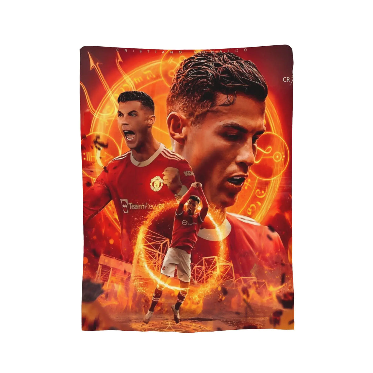 A football player in a red jersey is shown with intense emotion against a fiery background.