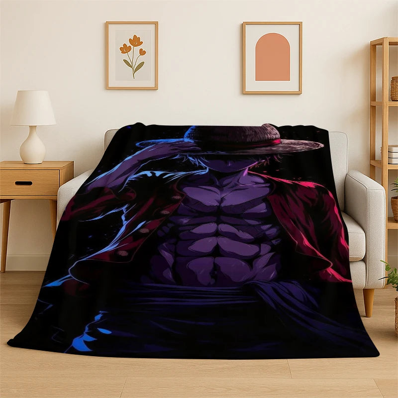 A dark, muscular anime character design printed on a flannel throw blanket.
