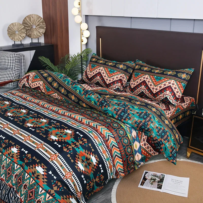 Boho geometric duvet cover set featuring patterned fabric on a bed with wooden accents.