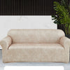 A beige PU leather sofa slipcover displayed against a dark background with various features listed below.