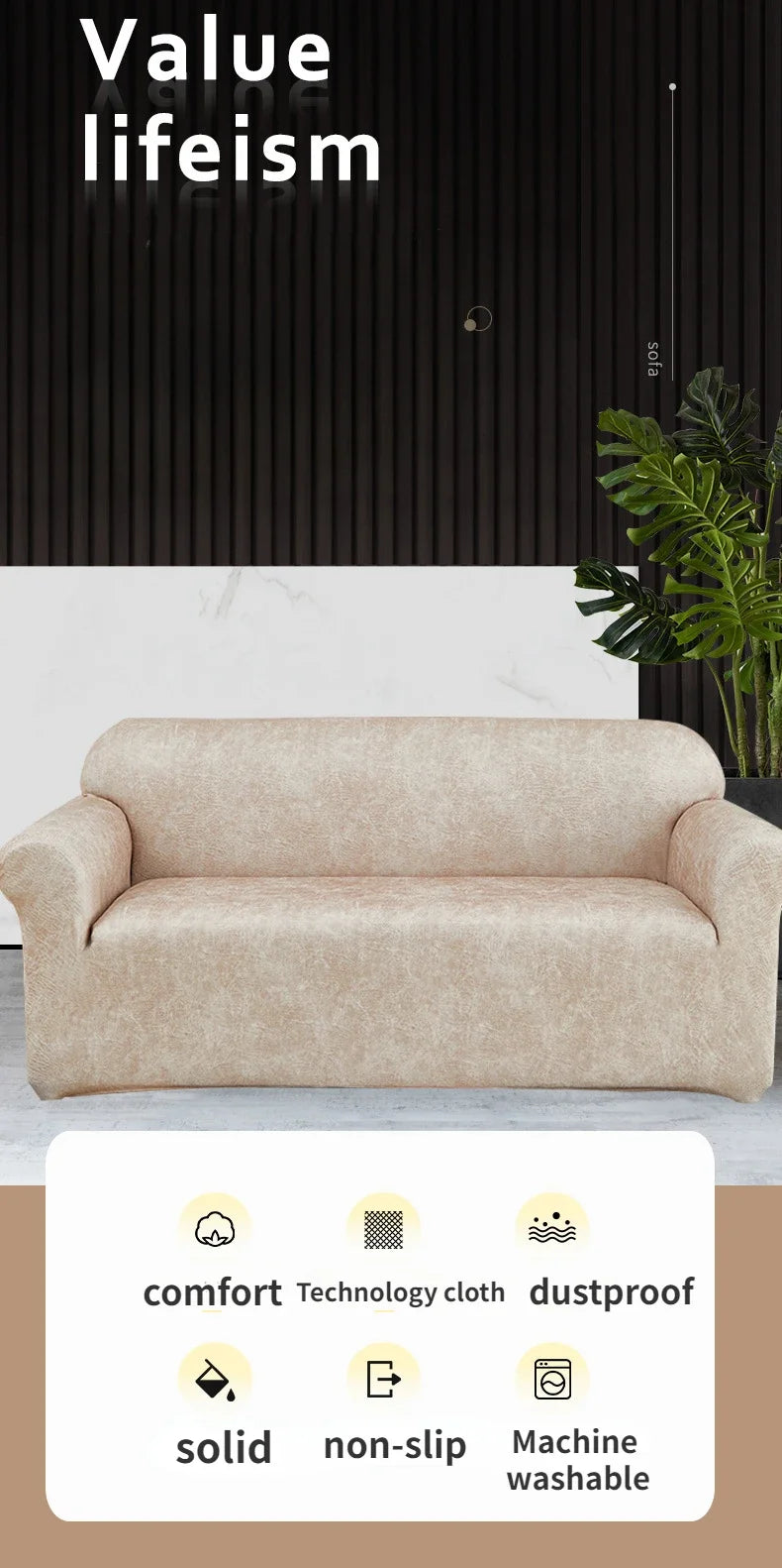 A beige PU leather sofa slipcover displayed against a dark background with various features listed below.