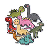 A set of iron-on patches featuring various dinosaur and animal figures in green, pink, gray, and red.