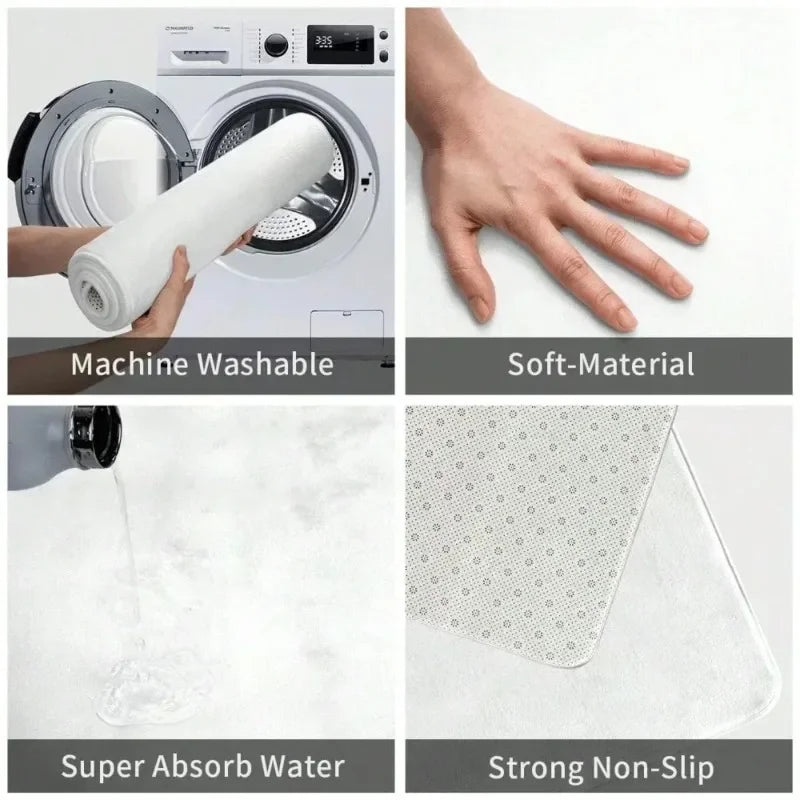 A collection of features for a retro floral area rug including machine washability, soft material, super absorb water, and st