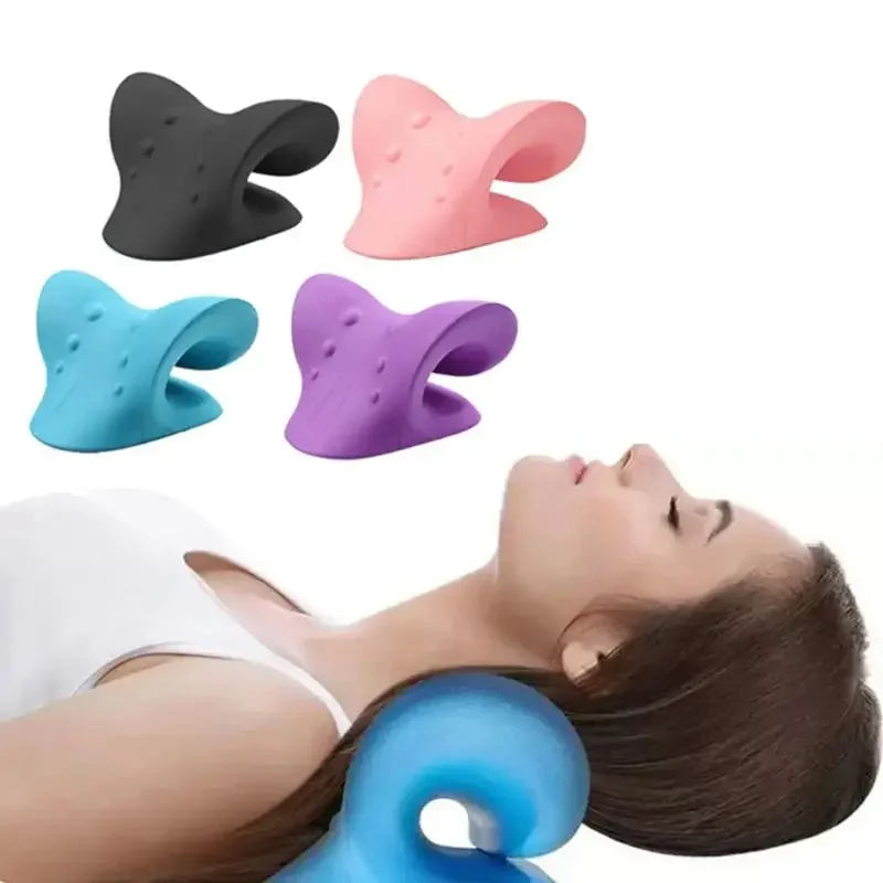 A set of silicone cervical massage pillows in black, pink, and blue are shown next to a person using one for neck relief.