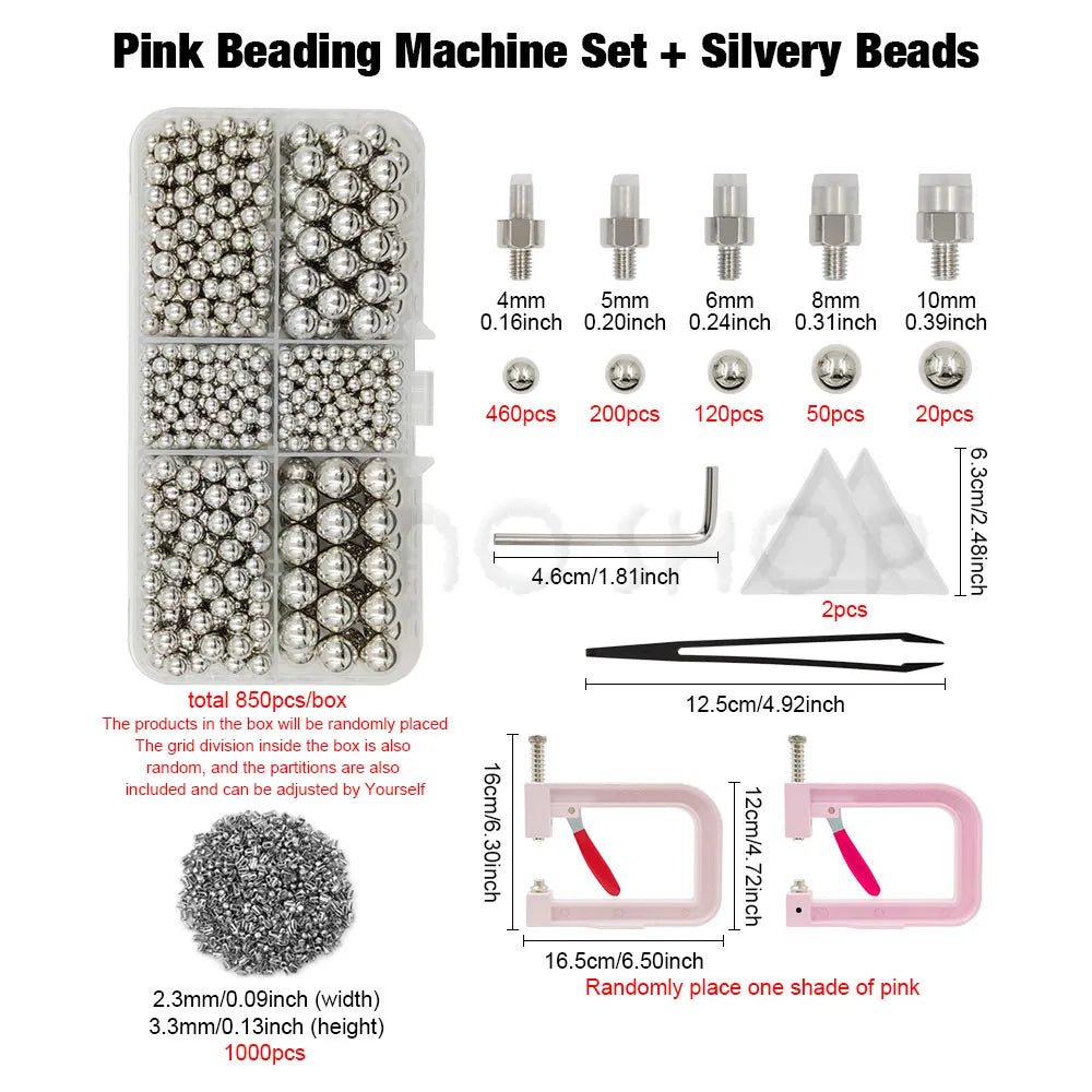 Pink beading machine set with silvery beads and various sized beads for crafting
