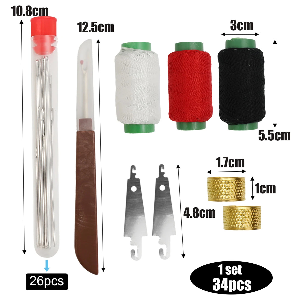 A set of portable sewing needles, scissors, and various tools for embroidery and crafting.