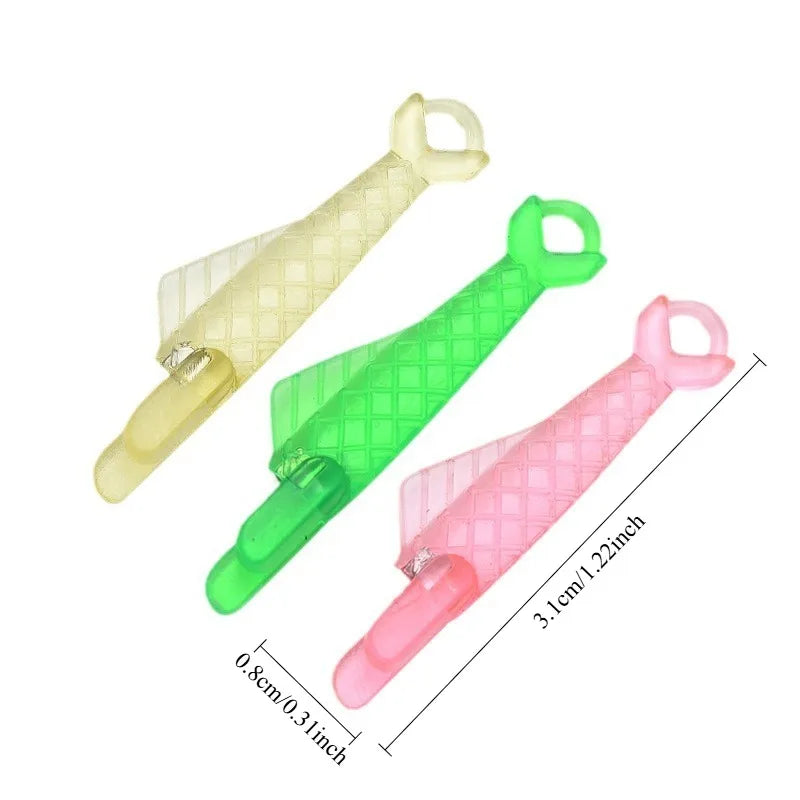 A set of mini hand sewing needle threader kits in yellow, green, and pink plastic.
