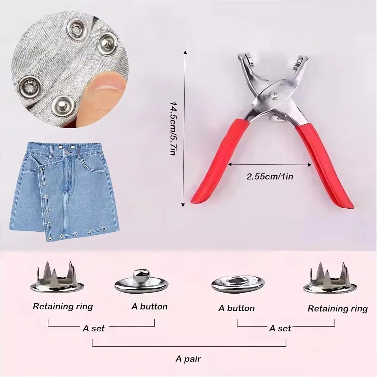 A set of precision snap fasteners including a retaining ring and a button shown next to denim fabric.