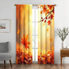 A set of two sheer curtains featuring an autumn maple leaf print with orange and red tones, hanging in a window.