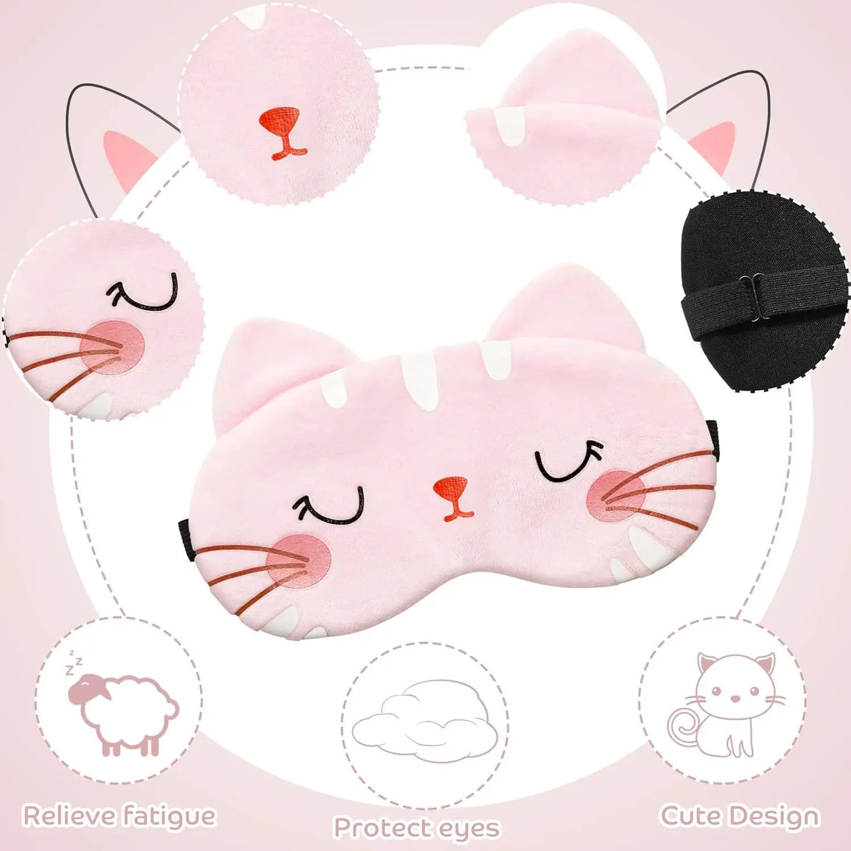 A set of three pink cat-themed sleep masks with cute designs and ear shapes.