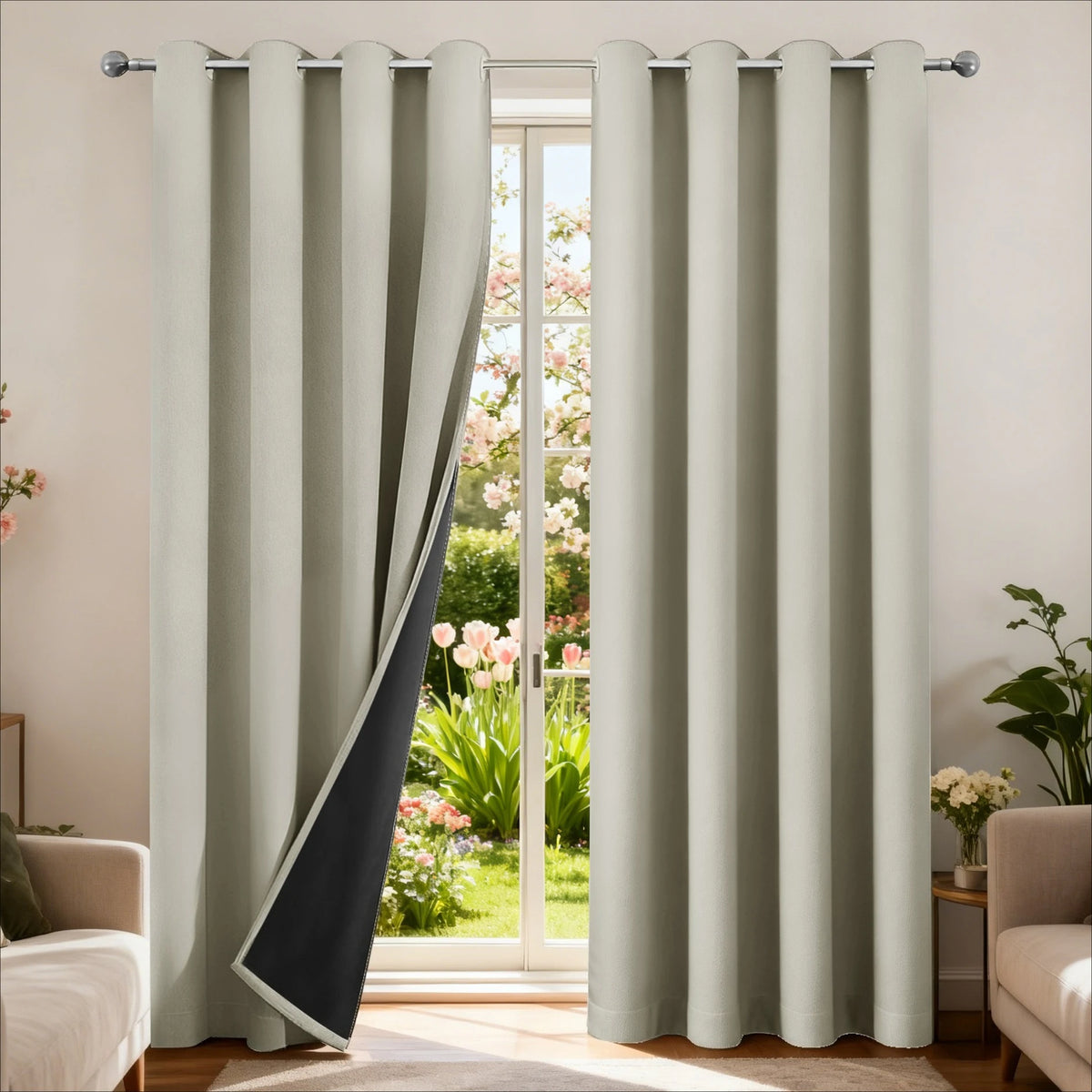 A pair of beige blackout thermal curtains hanging on a rod in front of a glass door looking out onto a garden.