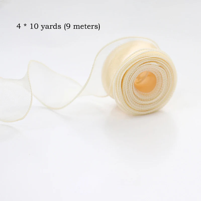 Roll of sheer, silky organza ribbon in a pale yellow color for crafting and gift wrapping