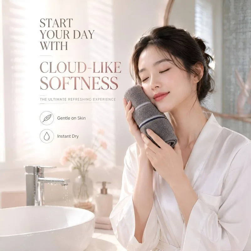 A woman is gently applying a cloud-like softness face towel to her face in a bright bathroom setting.