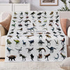 A white flannel throw blanket featuring a pattern of various Jurassic dinosaurs.