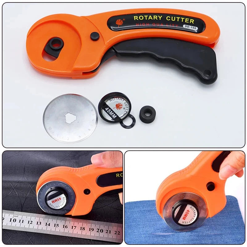 An orange rotary cutter and its replacement blades are shown with a ruler for scale.