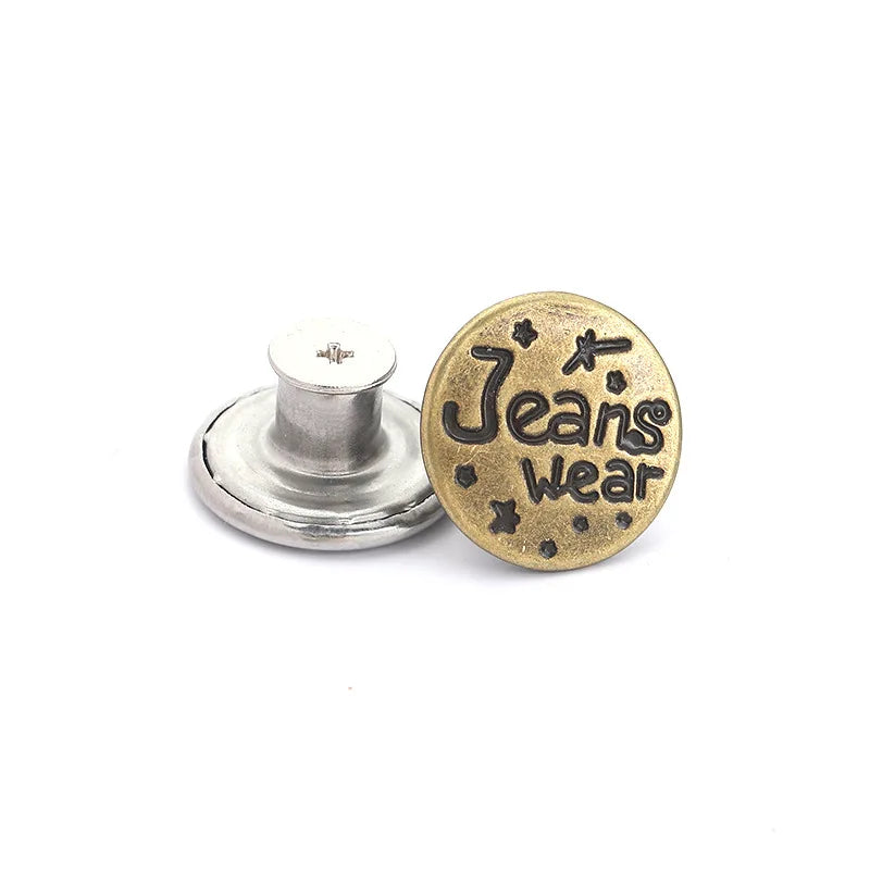 A round brass button with the text Jeans Wear and a star design.